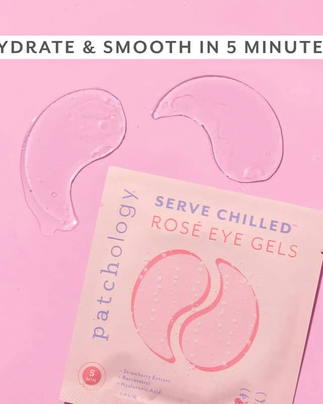 Patchology Rosé Eye Gels packaging with gels on a pink background, Patchology Serve Chilled Rosé Eye Gels 5 pack antioxidant hydrating