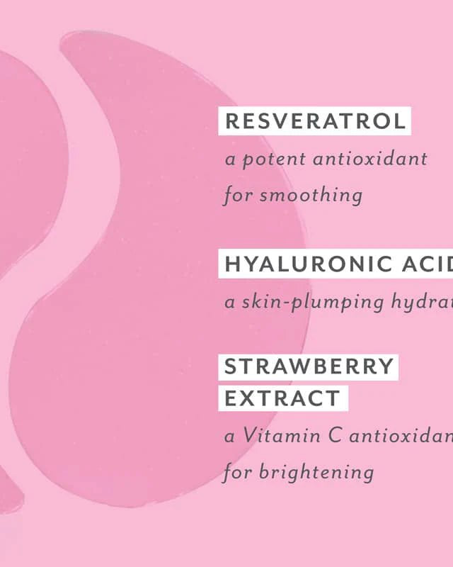 Pink background with text about resveratrol, hyaluronic acid, and strawberry extract on a pink background, Patchology Serve Chilled Rosé Eye Gels 5 pack antioxidant hydrating