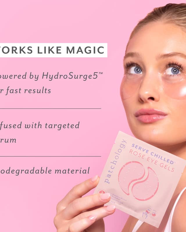 Woman holding Patchology eye gels with product details on a pink background, Patchology Serve Chilled Rosé Eye Gels 5 pack antioxidant hydrating