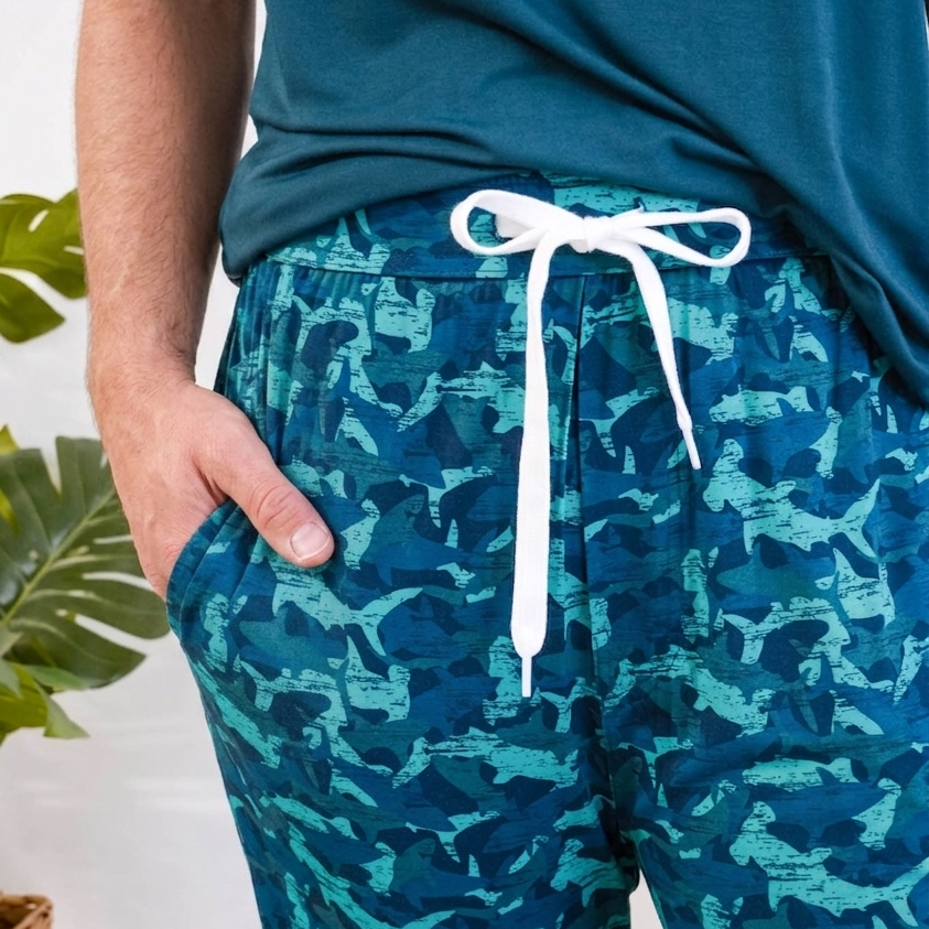 Shark Camo Blue Printed Jogger Sleep Pant in Bamboo for Men by Bob's Sleepwear Co - Cloud Nine Pajamas Close up of print and drawstring, pockets