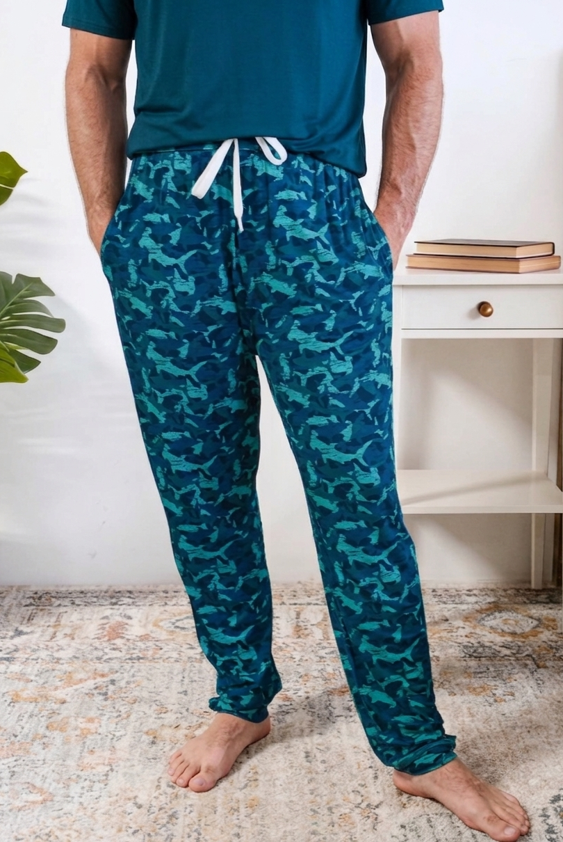 Shark Camo Blue Printed Jogger Sleep Pant in Bamboo for Men by Bob's Sleepwear Co - Cloud Nine Pajamas