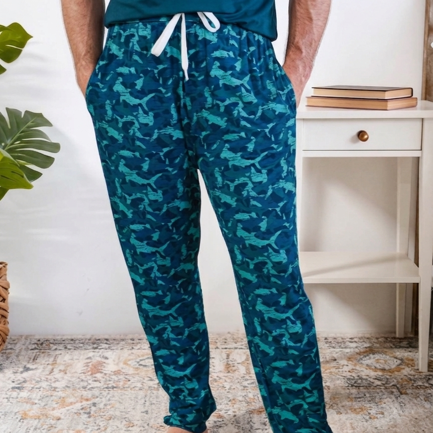 Shark Camo Blue Printed Jogger Sleep Pant in Bamboo for Men by Bob's Sleepwear Co - Cloud Nine Pajamas