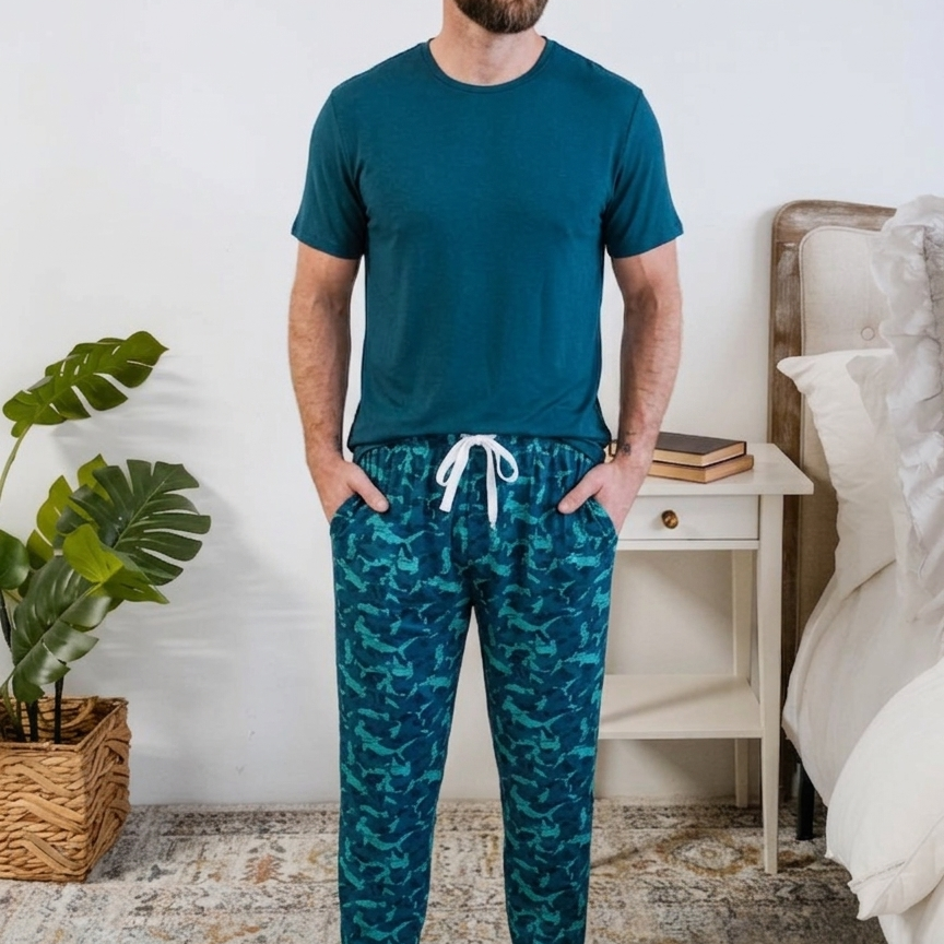 Shark Camo Blue Printed Jogger Sleep Pant in Bamboo for Men by Bob's Sleepwear Co - Cloud Nine Pajamas Worn by Model in Bedroom Setting