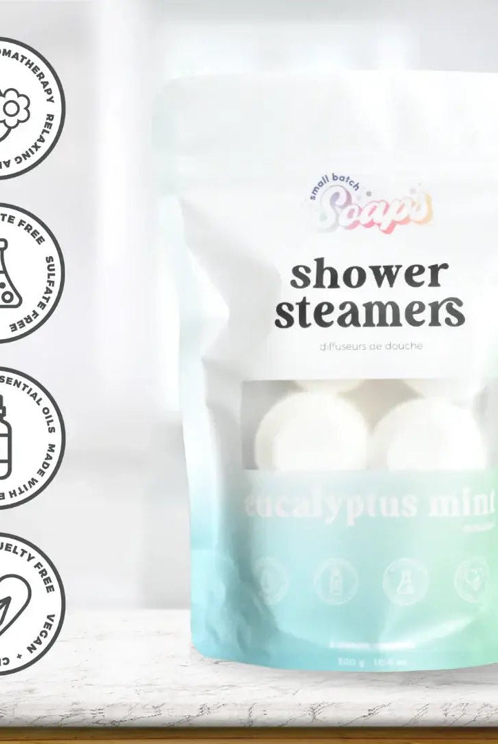 Shower Steamer 2pk Eucalyptus Mint packaging showcasing relaxing aromatherapy for a spa-like shower experience.
