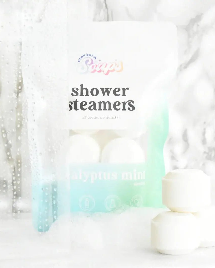 Shower Steamer 6pk Eucalyptus Mint package with steam and shower setting, perfect for aromatherapy.