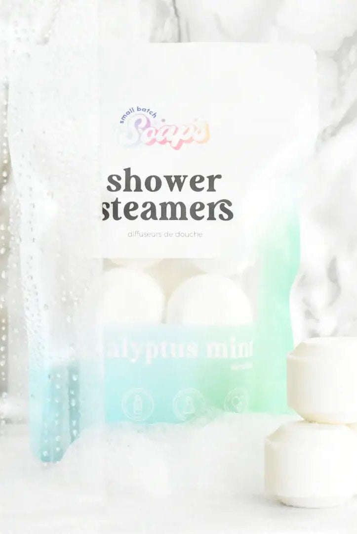 Shower Steamer 6pk Eucalyptus Mint package with steam and shower setting, perfect for aromatherapy.