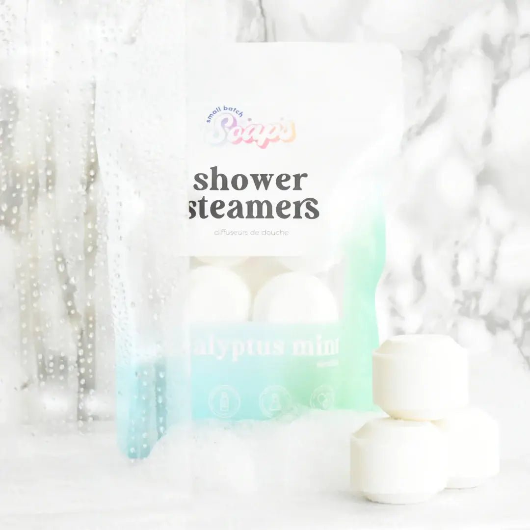 Shower Steamer 6pk Eucalyptus Mint package with steam and shower setting, perfect for aromatherapy.