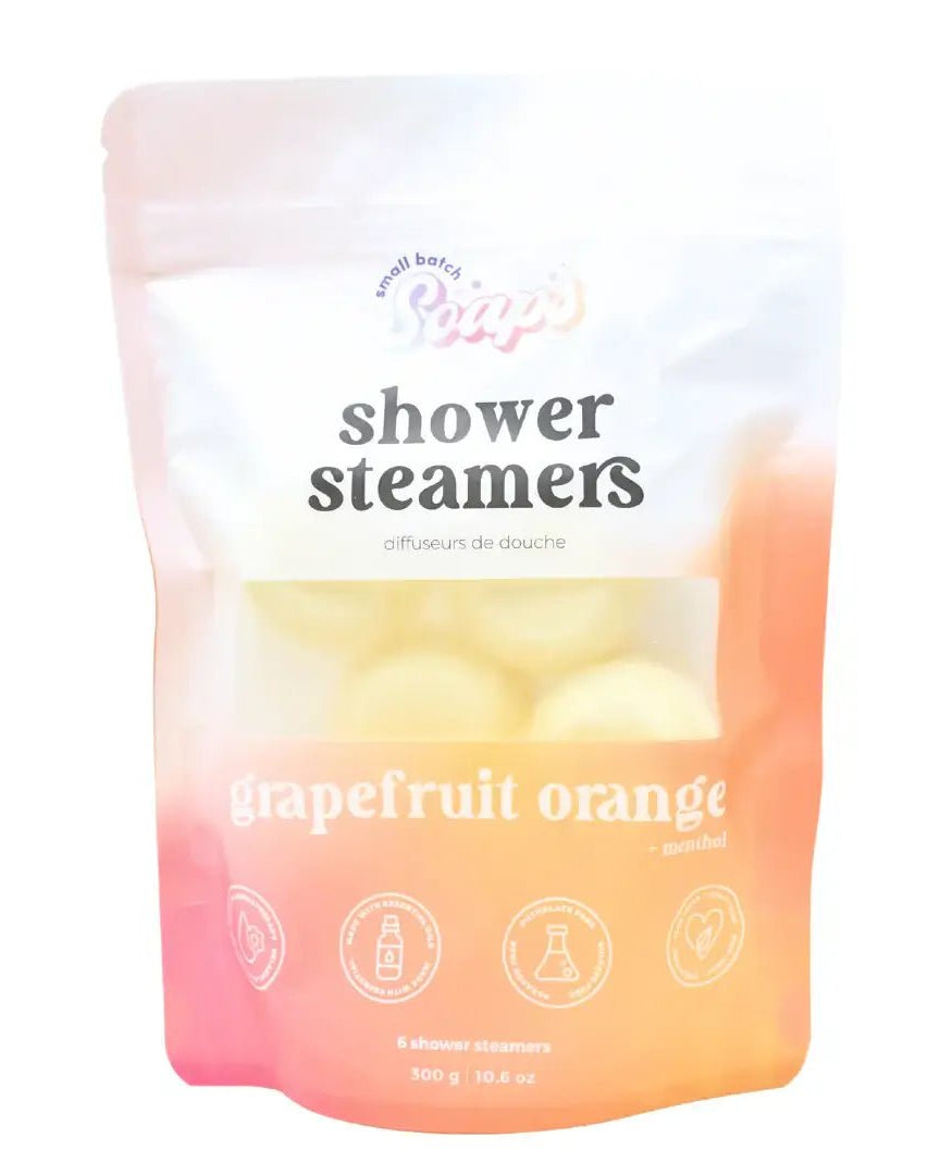 Shower Steamer 6pk Grapefruit Orange packaging with essential oil steamers for a spa-like shower experience.