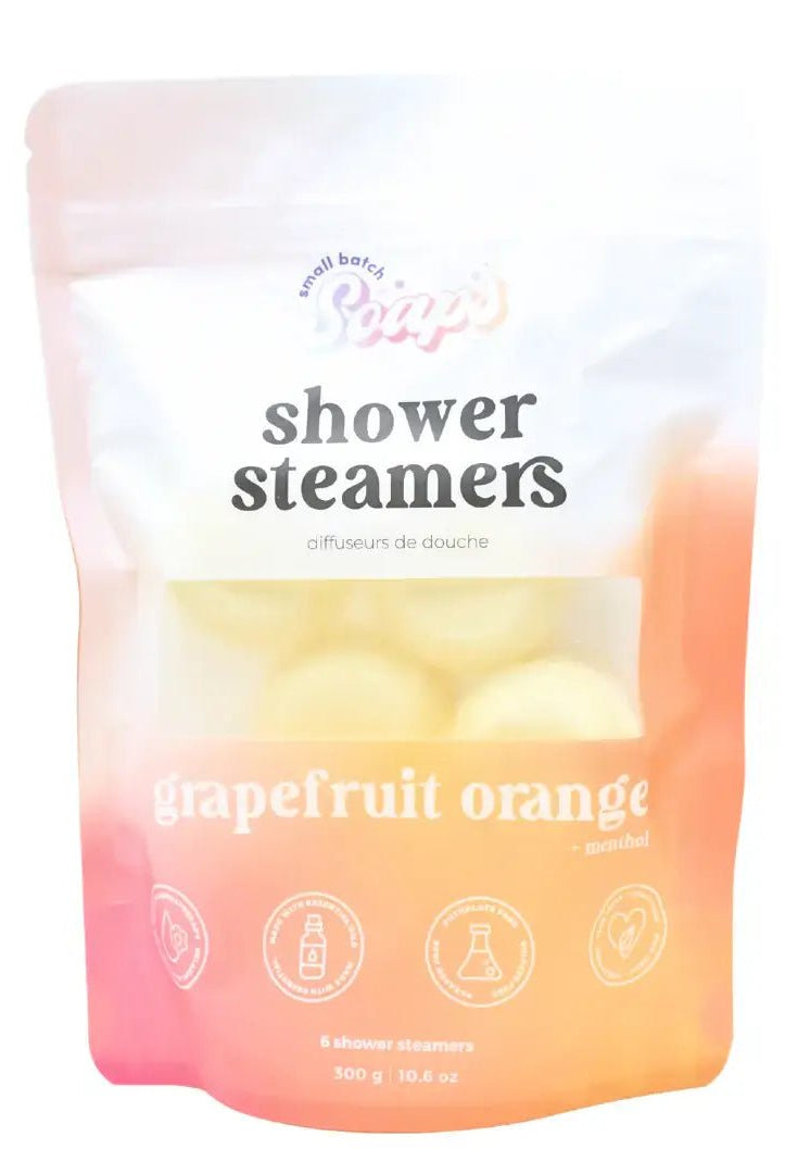 Shower Steamer 6pk Grapefruit Orange packaging with essential oil steamers for a spa-like shower experience.