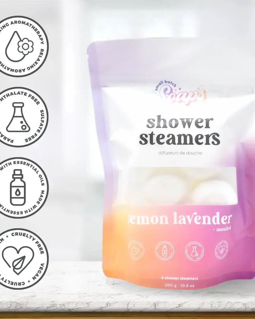 Shower Steamer 2pk Lemon Lavender in packaging with essential oils for a soothing shower experience.