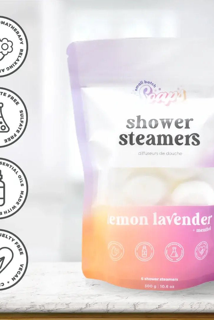 Shower Steamer 2pk Lemon Lavender in packaging with essential oils for a soothing shower experience.