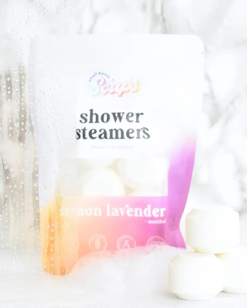 Shower Steamer 6pk Lemon Lavender package with shower steamers in a spa-like setting.