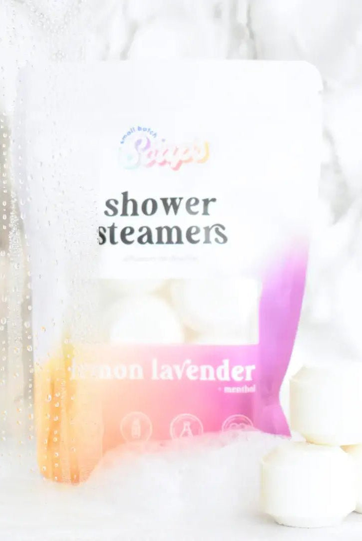 Shower Steamer 6pk Lemon Lavender package with shower steamers in a spa-like setting.