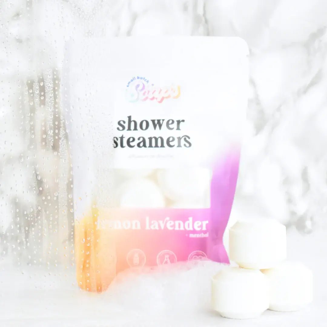 Shower Steamer 6pk Lemon Lavender package with shower steamers in a spa-like setting.