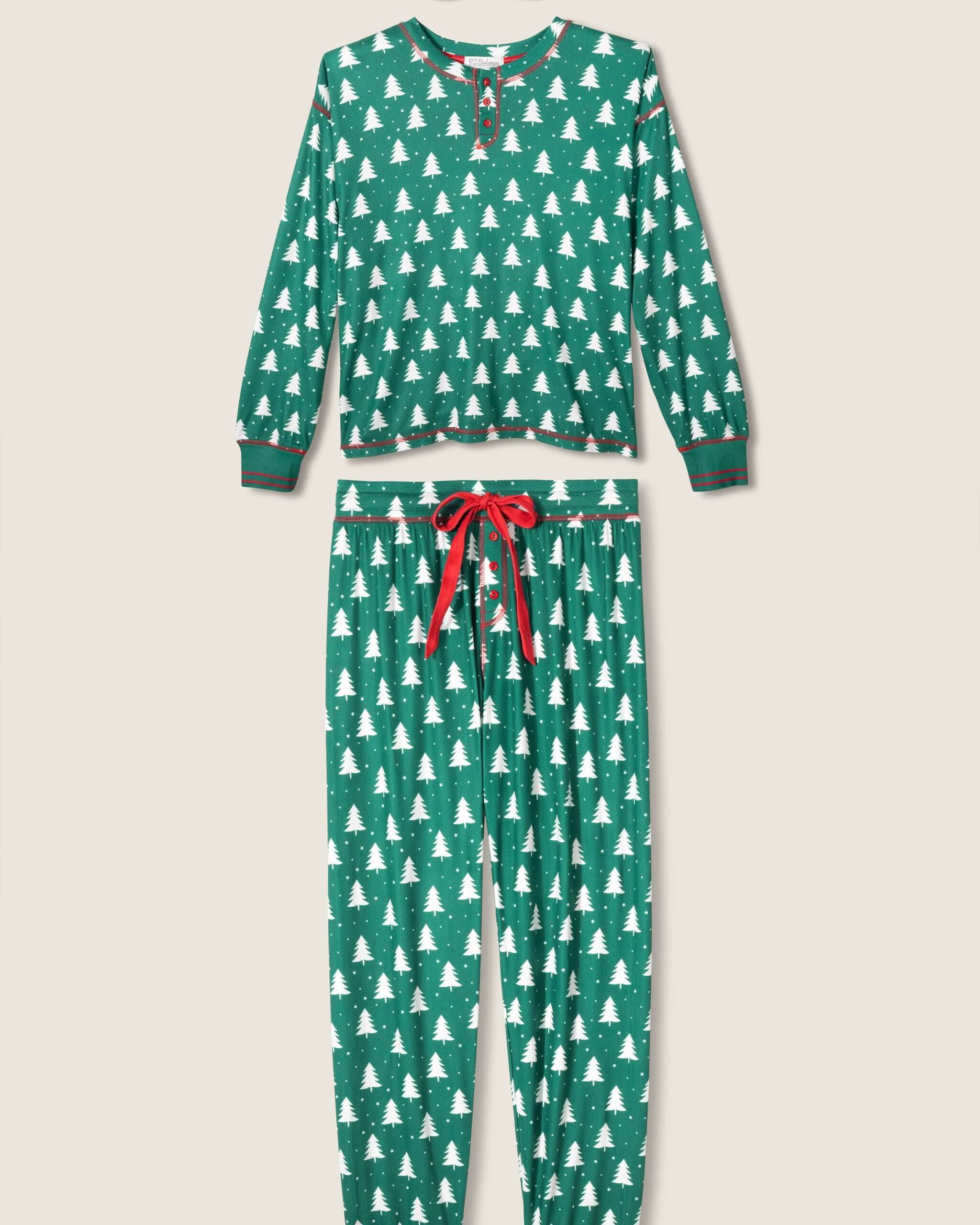 women's dark green henley pj set with white christmas tree print and eyemask from PJ Salvage