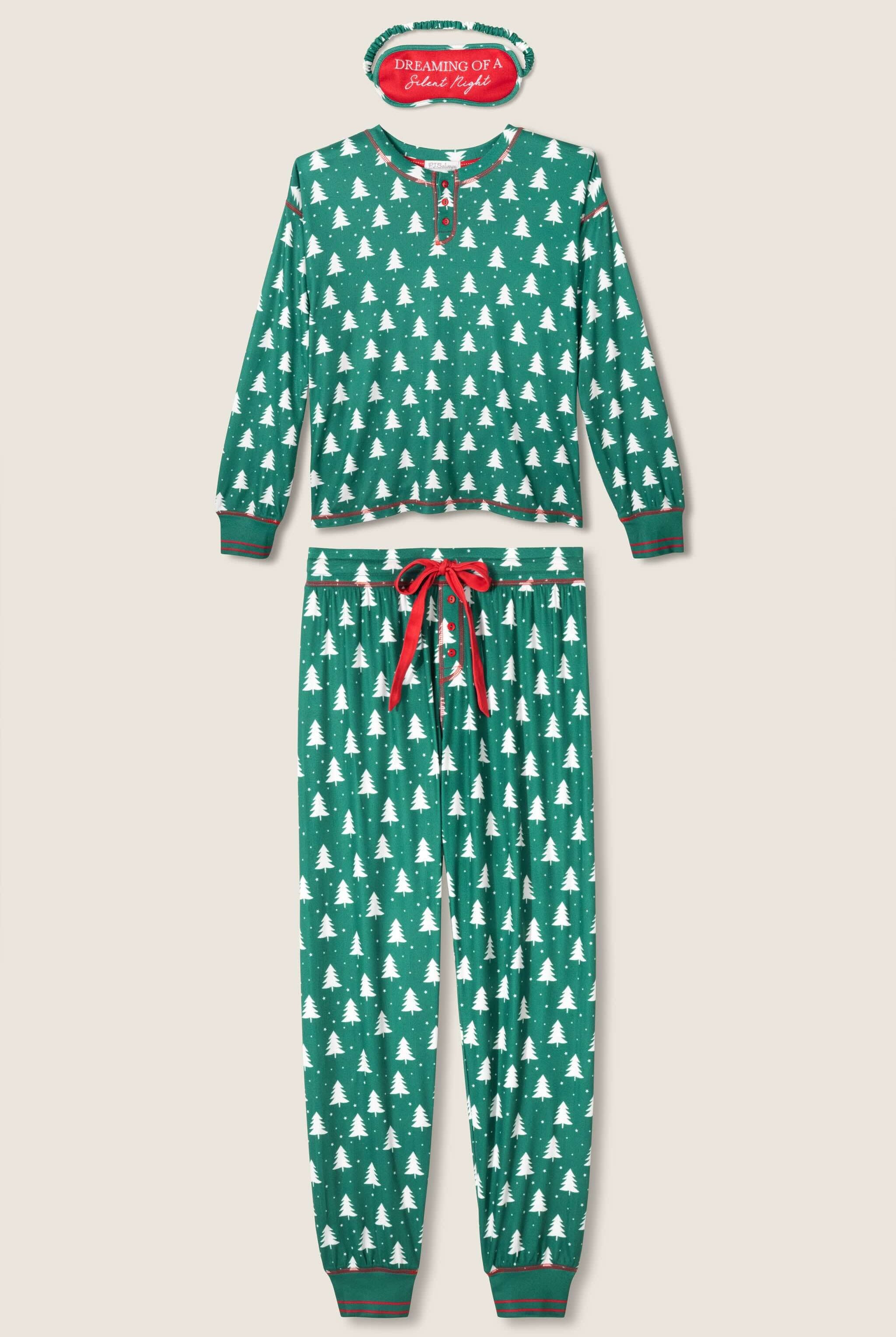 women's dark green henley pj set with white christmas tree print and eyemask from PJ Salvage