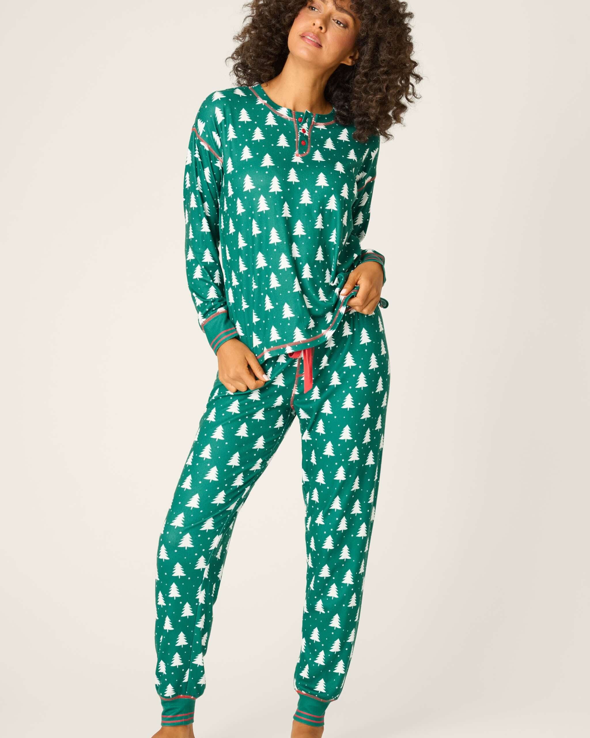 women's dark green henley pj set with white christmas tree print and eyemask from PJ Salvage