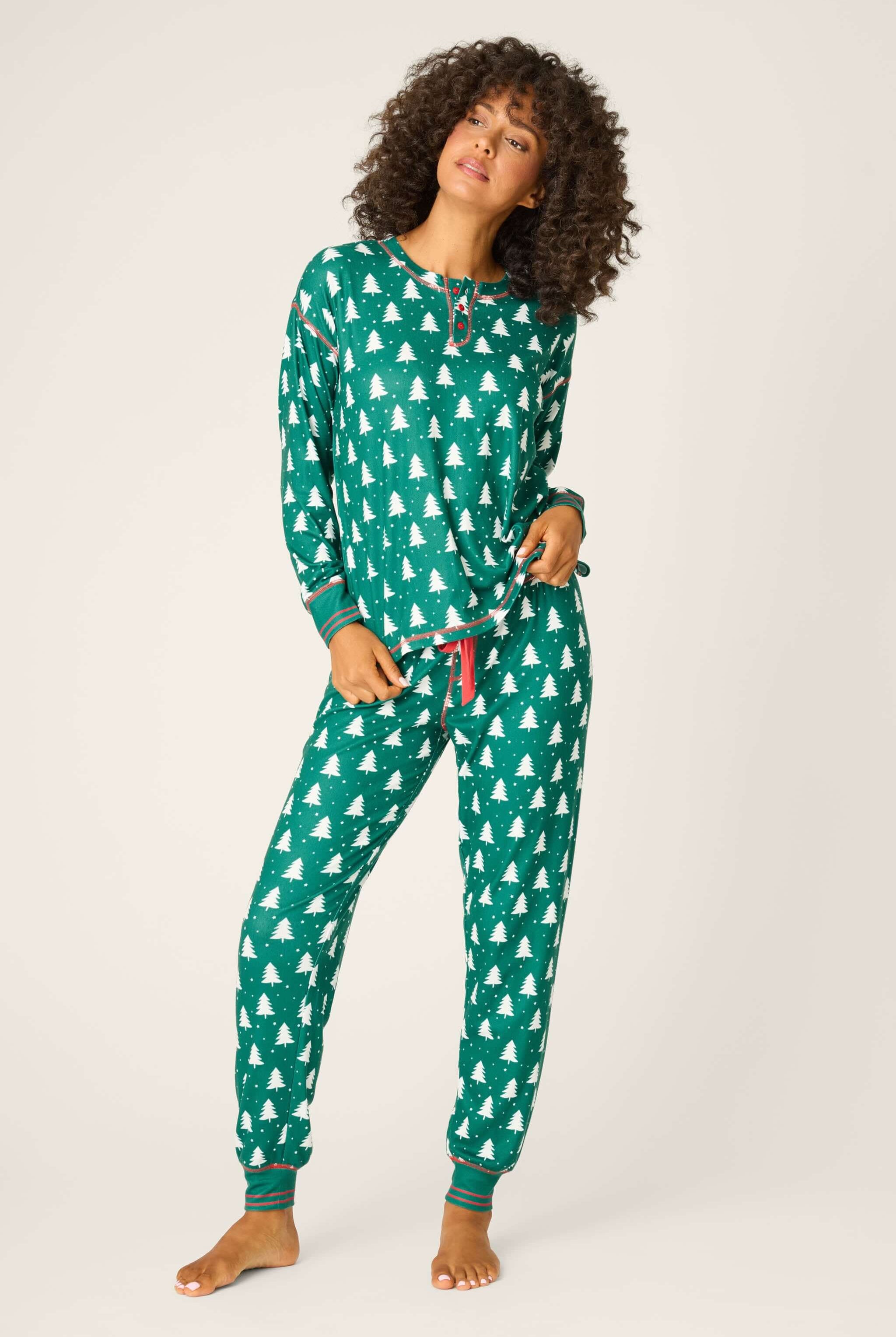 women's dark green henley pj set with white christmas tree print and eyemask from PJ Salvage
