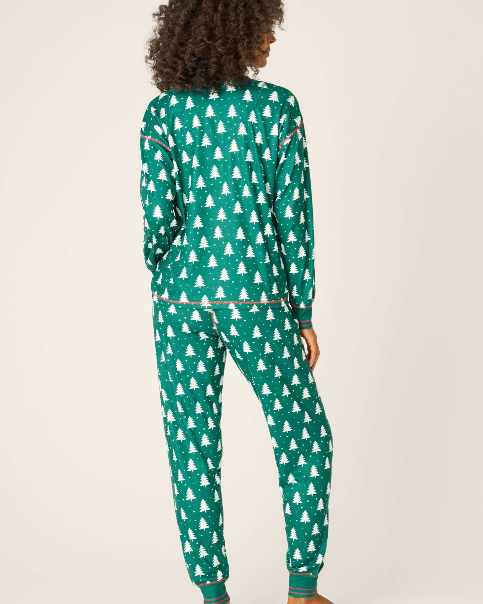 Silent Night Pointelle PJ Set & Eye Mask in forest green featuring festive tree patterns by PJ Salvage.
