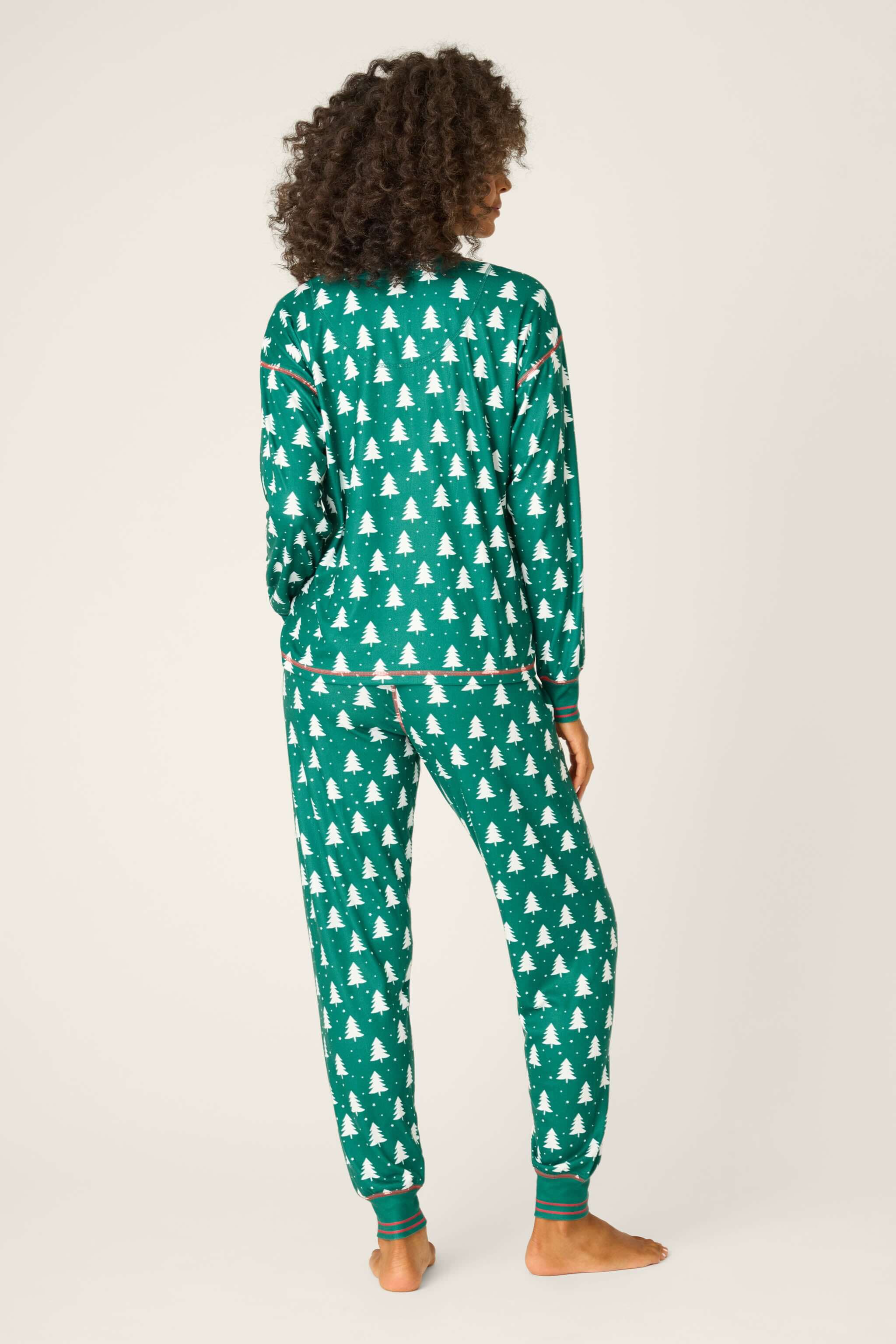 Silent Night Pointelle PJ Set & Eye Mask in forest green featuring festive tree patterns by PJ Salvage.