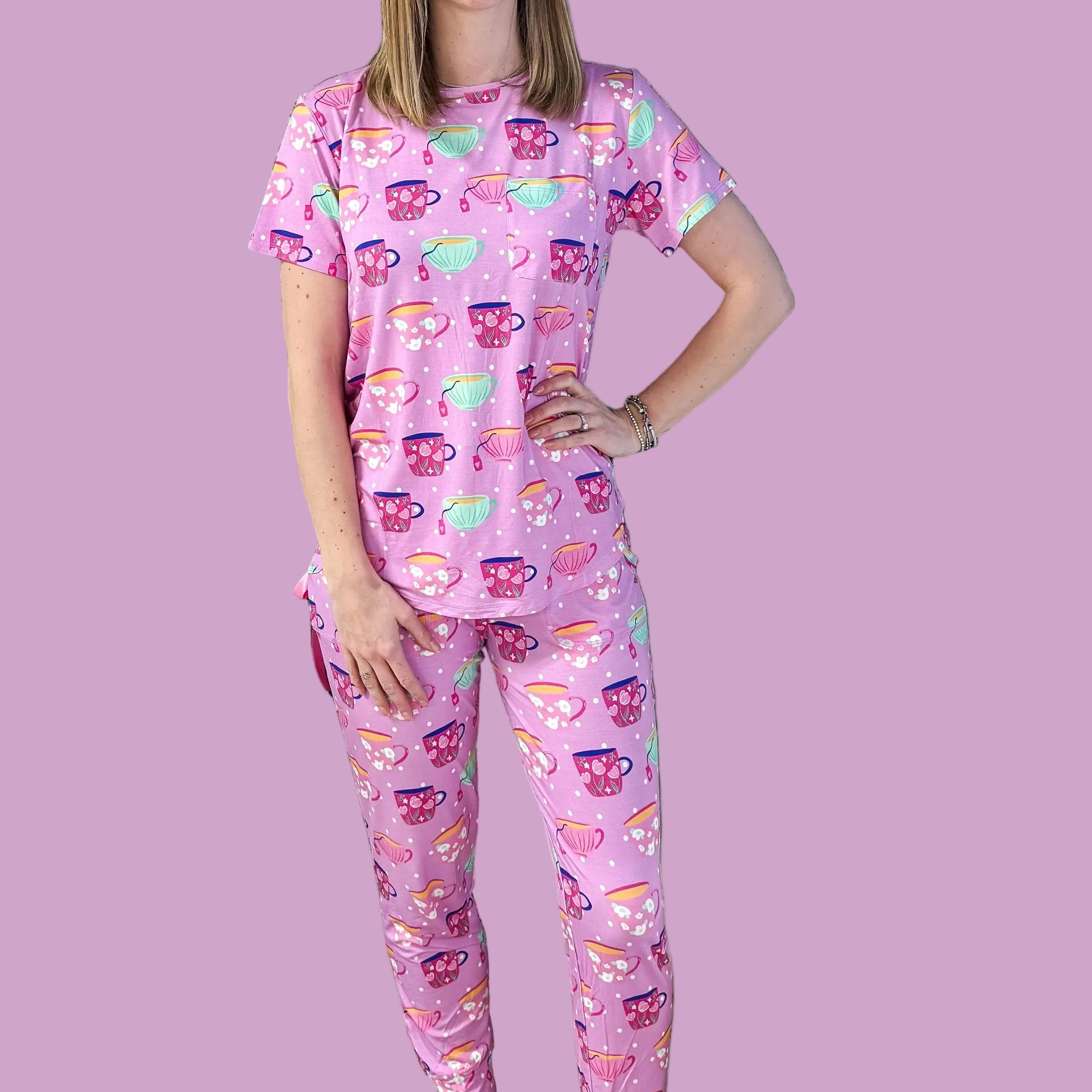 Georgia Rylan Bamboo Tee/Jogger PJ Set | Sips & Snooze Special Edition tea cup print