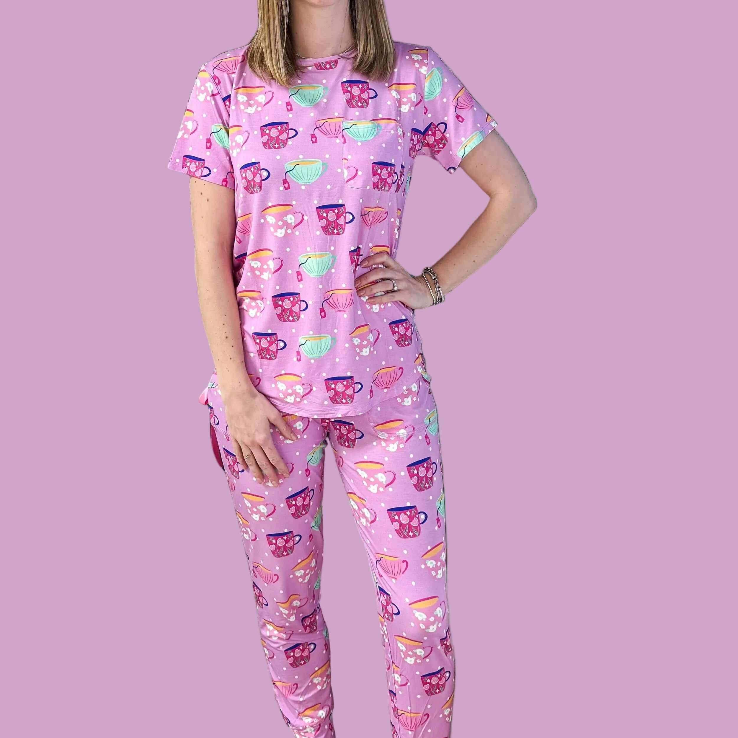 Georgia Rylan Sips & Snooze Tee & Jogger Bamboo Lounge Set Special Edition tea cup print