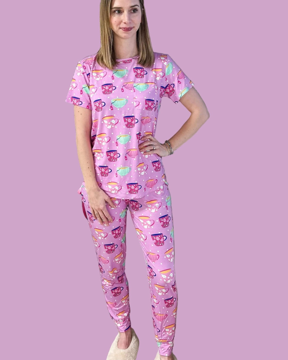 Georgia Rylan Sips & Snooze Tee & Jogger Bamboo Lounge Set Special Edition tea cup print