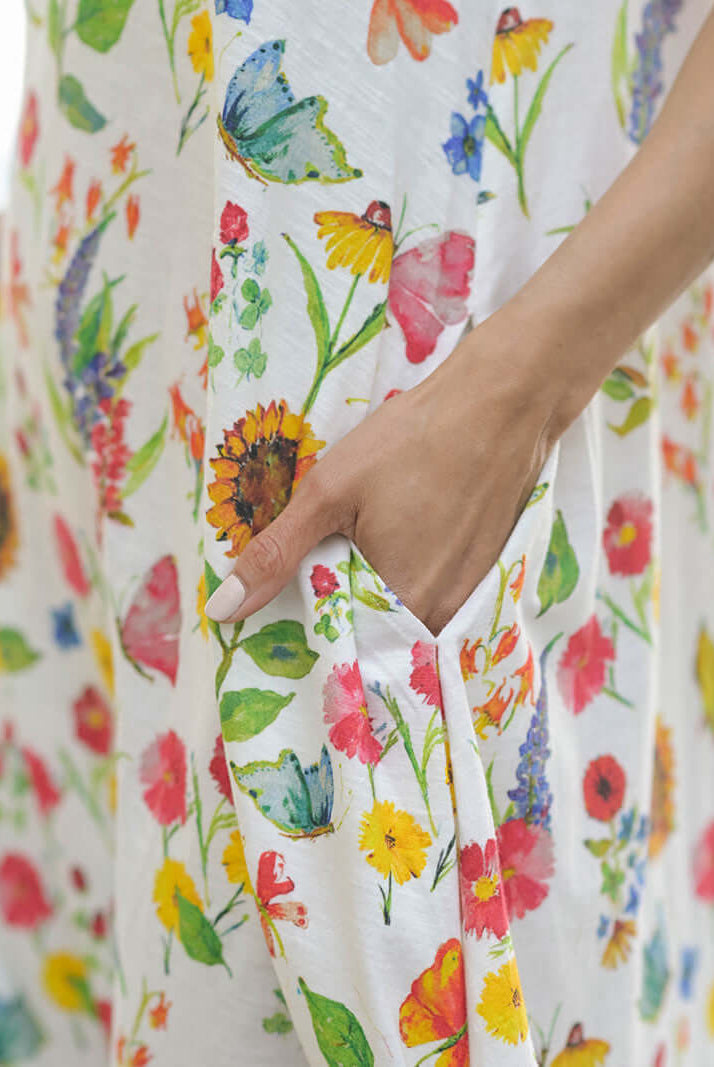 April Cornell Sister Garden Cotton Midi Floral Dress - showing side slit pockets and close up of the print
