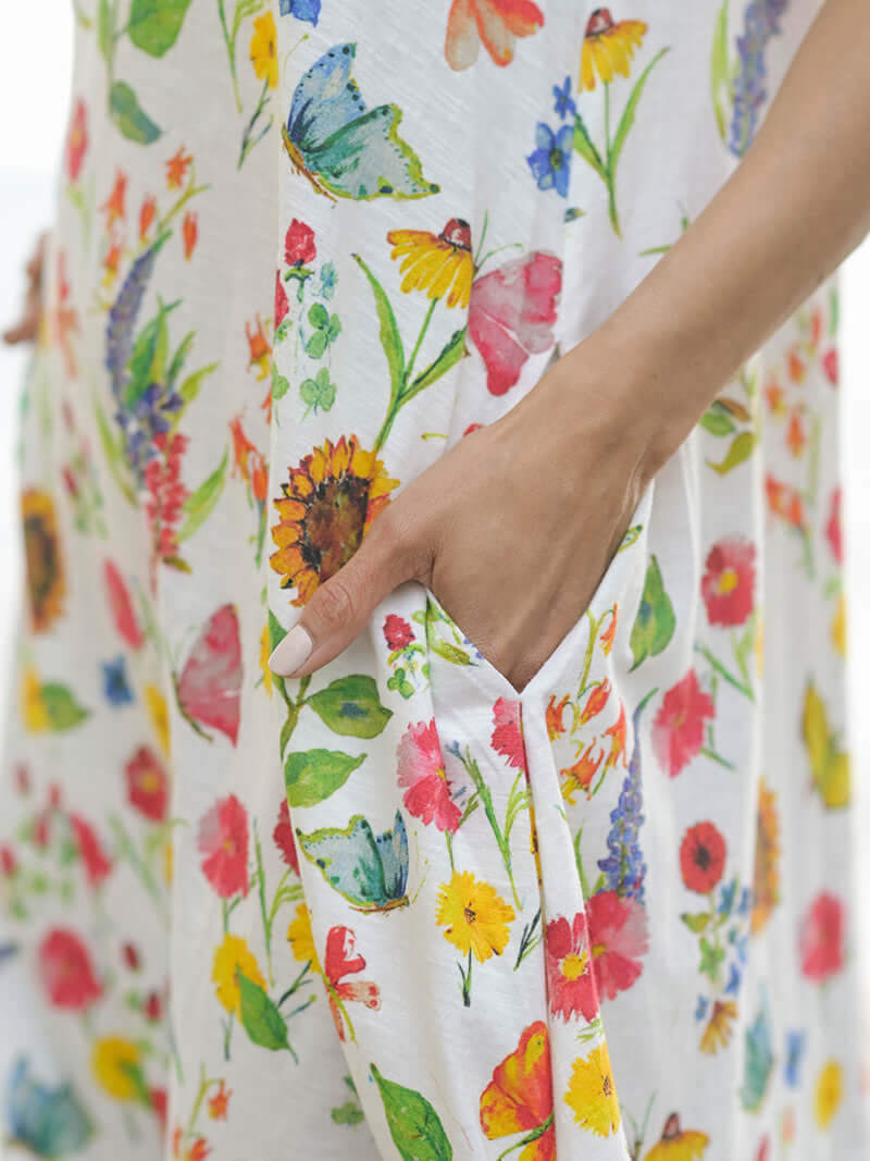 April Cornell Sister Garden Cotton Midi Floral Dress - showing side slit pockets and close up of the print