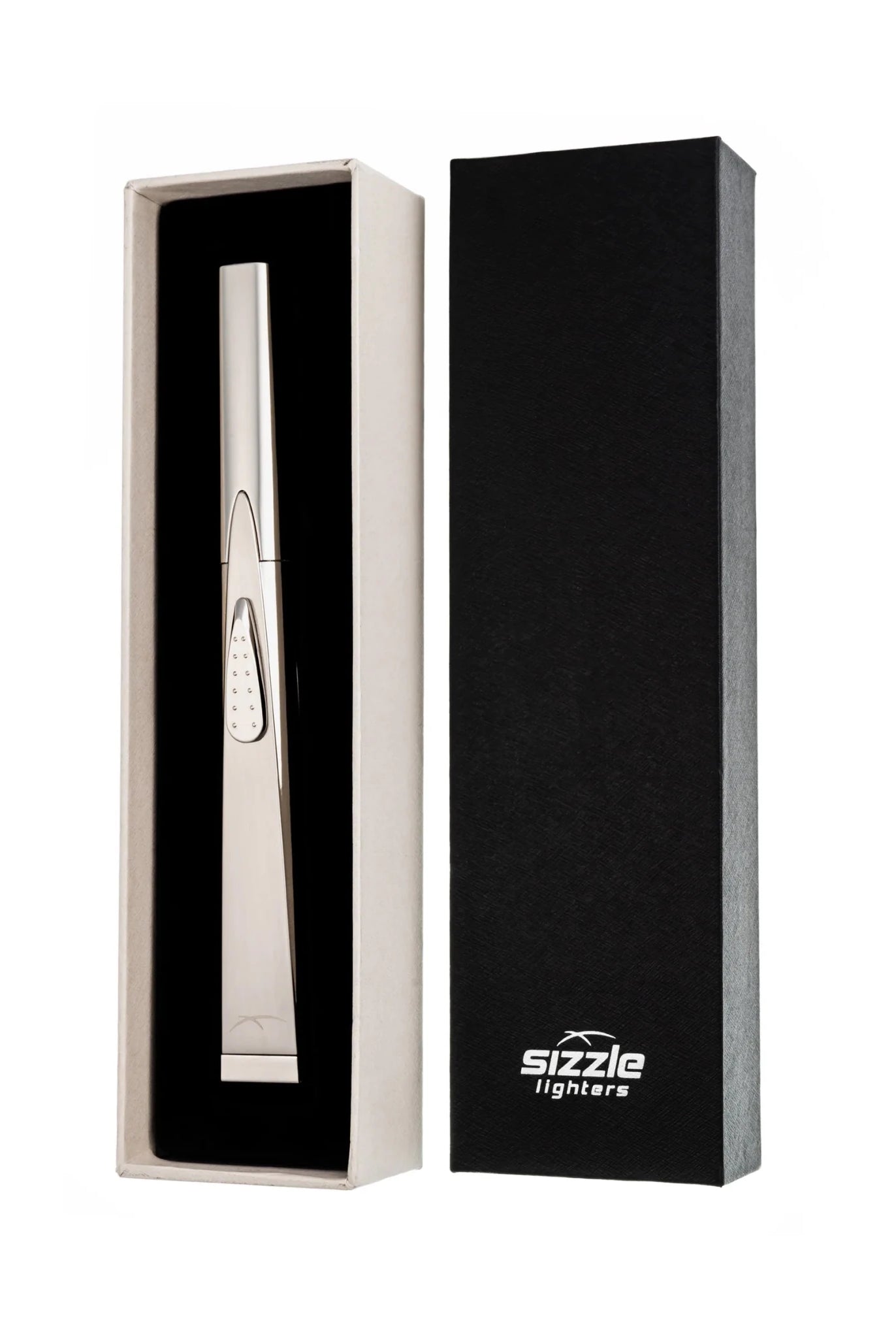 Sizzle Sleek Rechargeable Arc Lighter in silver showing box