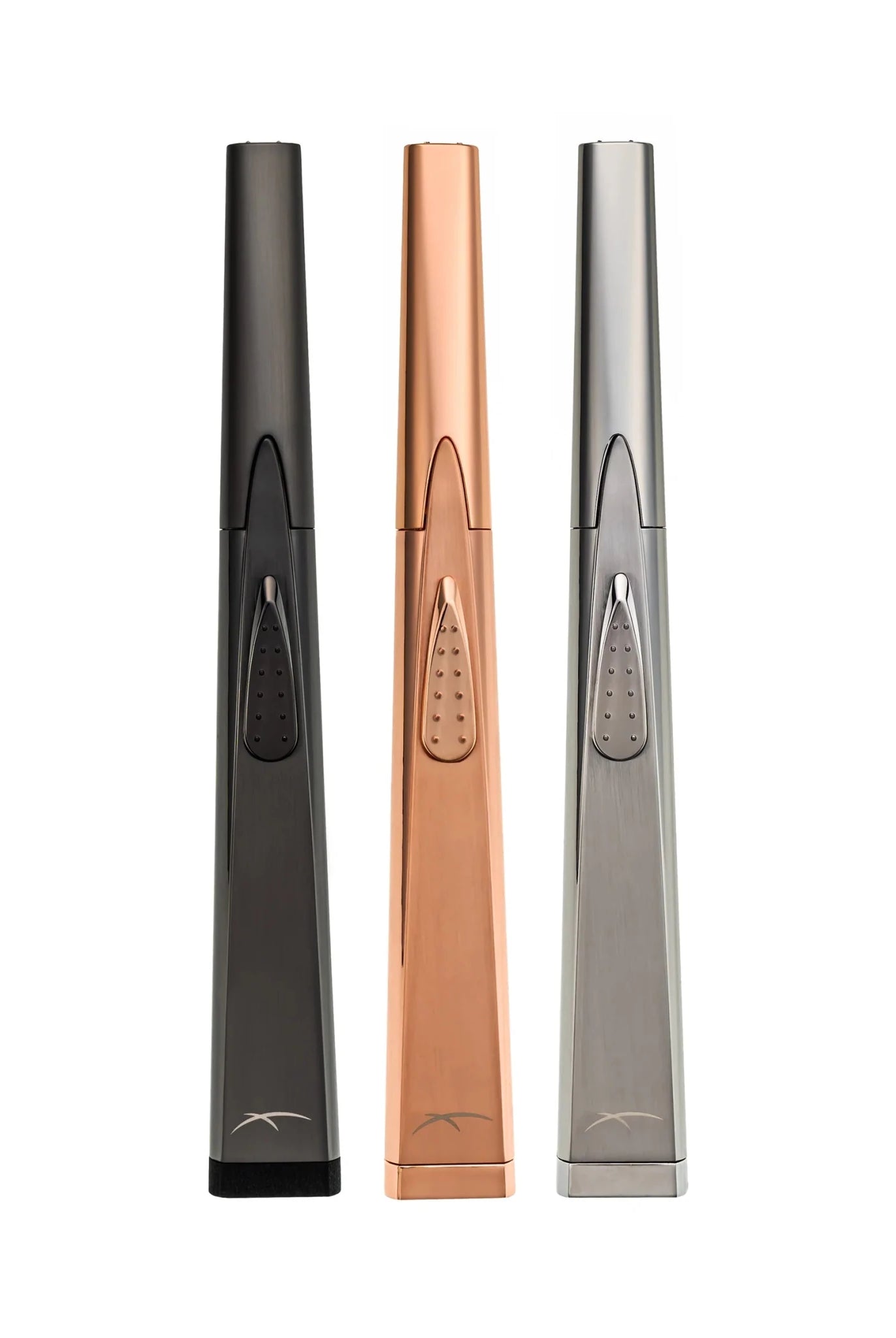 all-groups Sizzle Sleek Rechargeable LIghters in Pewter, Rose Gold, and Silver Shown together on a white background
