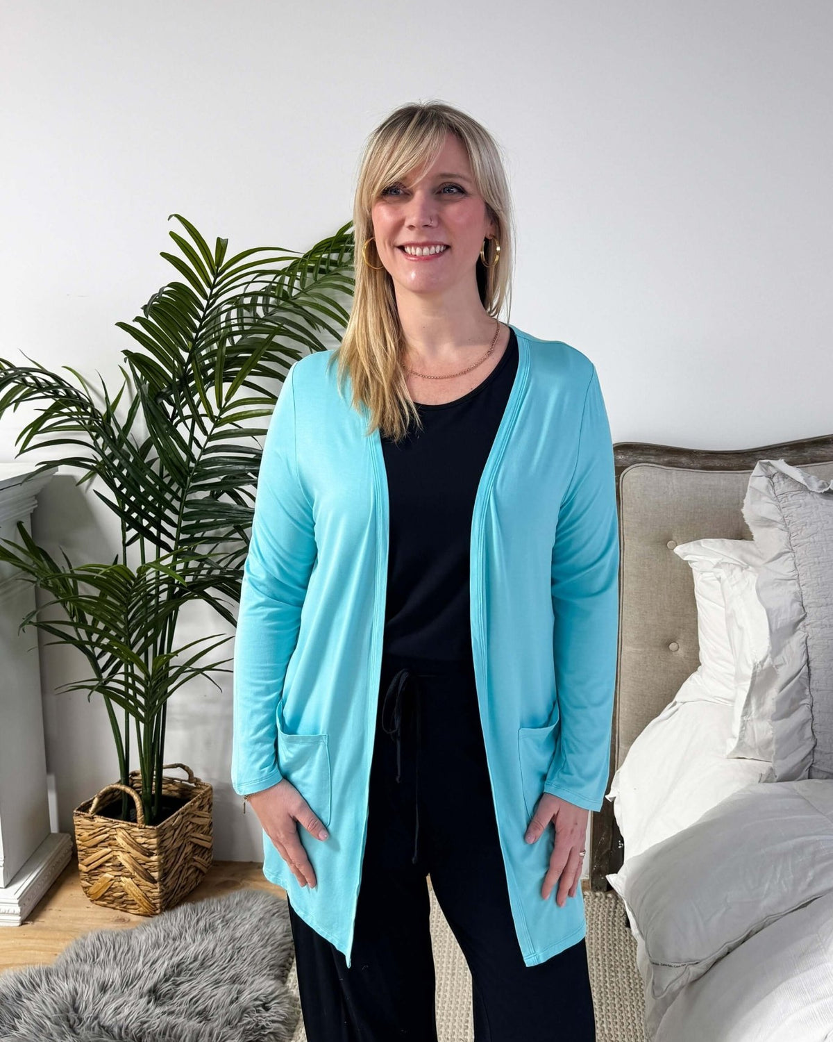 Sky Blue Long Bamboo Cardigan with Pockets | Georgia Rylan