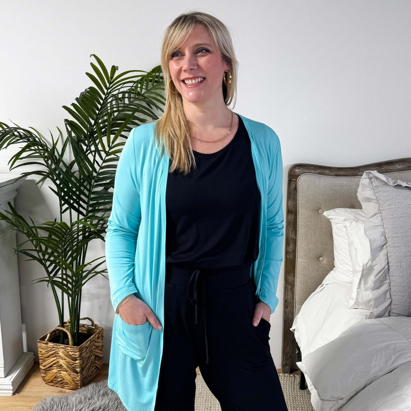 Sky Blue Long Bamboo Cardigan with Pockets | Georgia Rylan