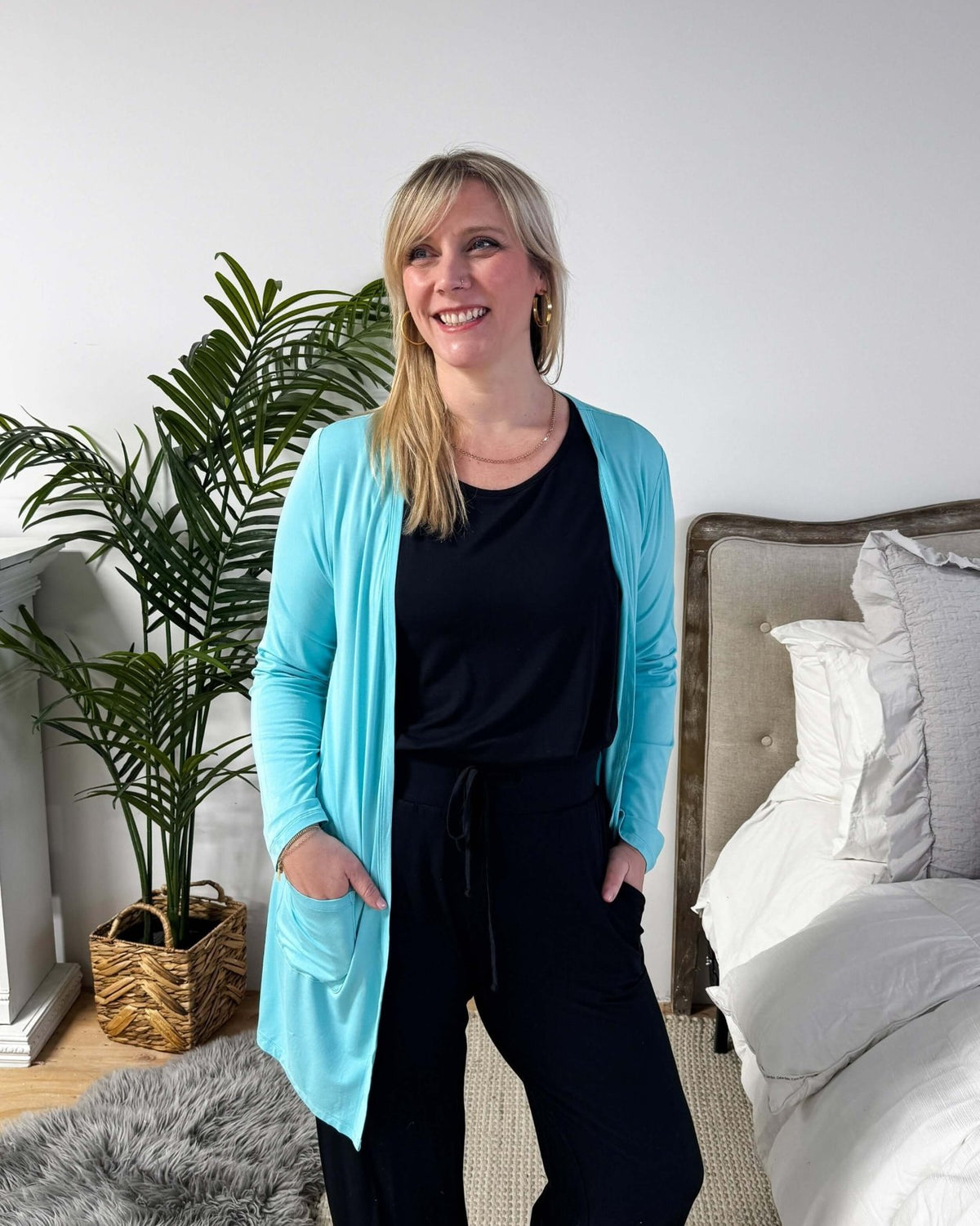 Sky Blue Long Bamboo Cardigan with Pockets | Georgia Rylan