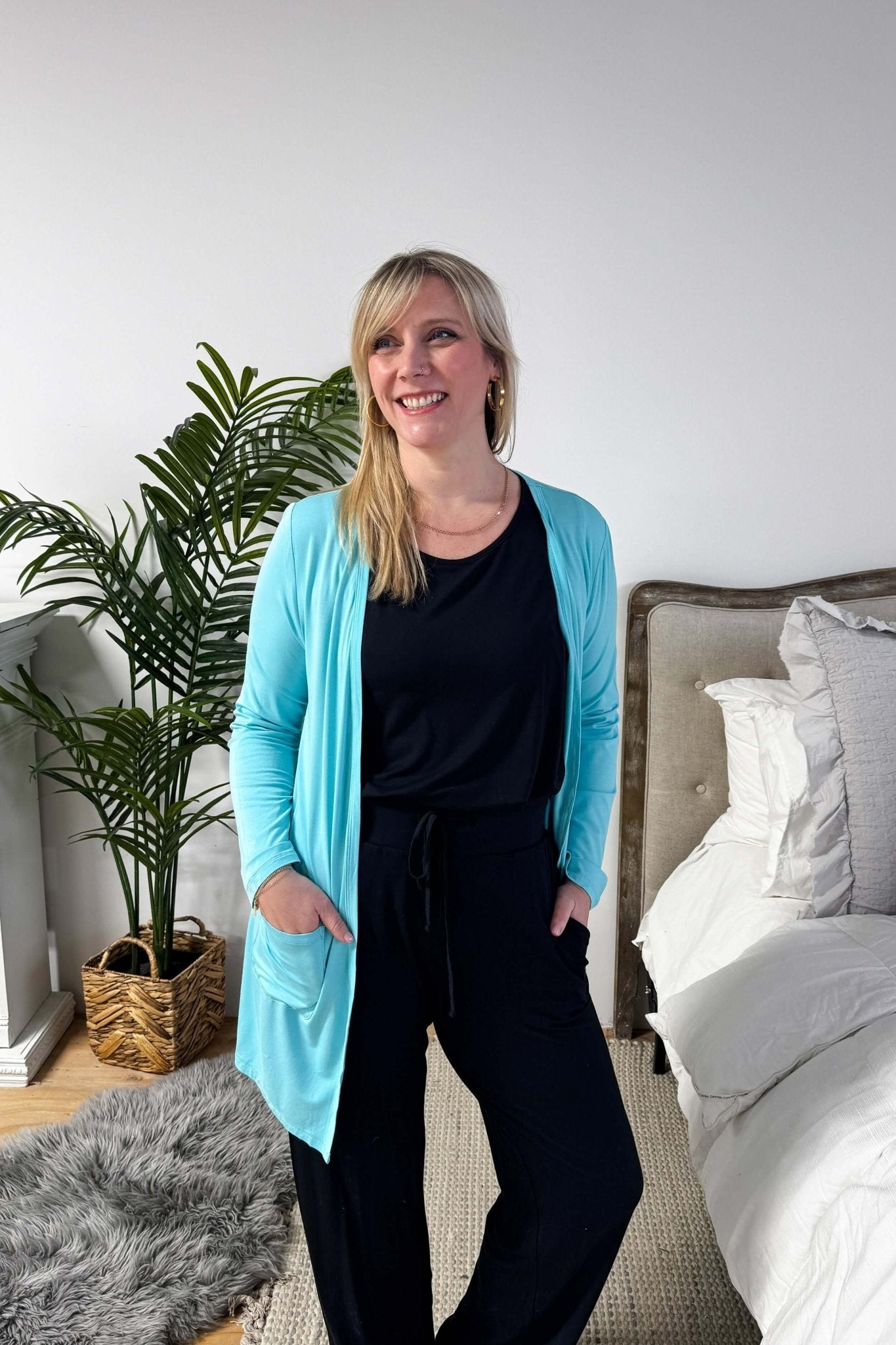Sky Blue Long Bamboo Cardigan with Pockets | Georgia Rylan