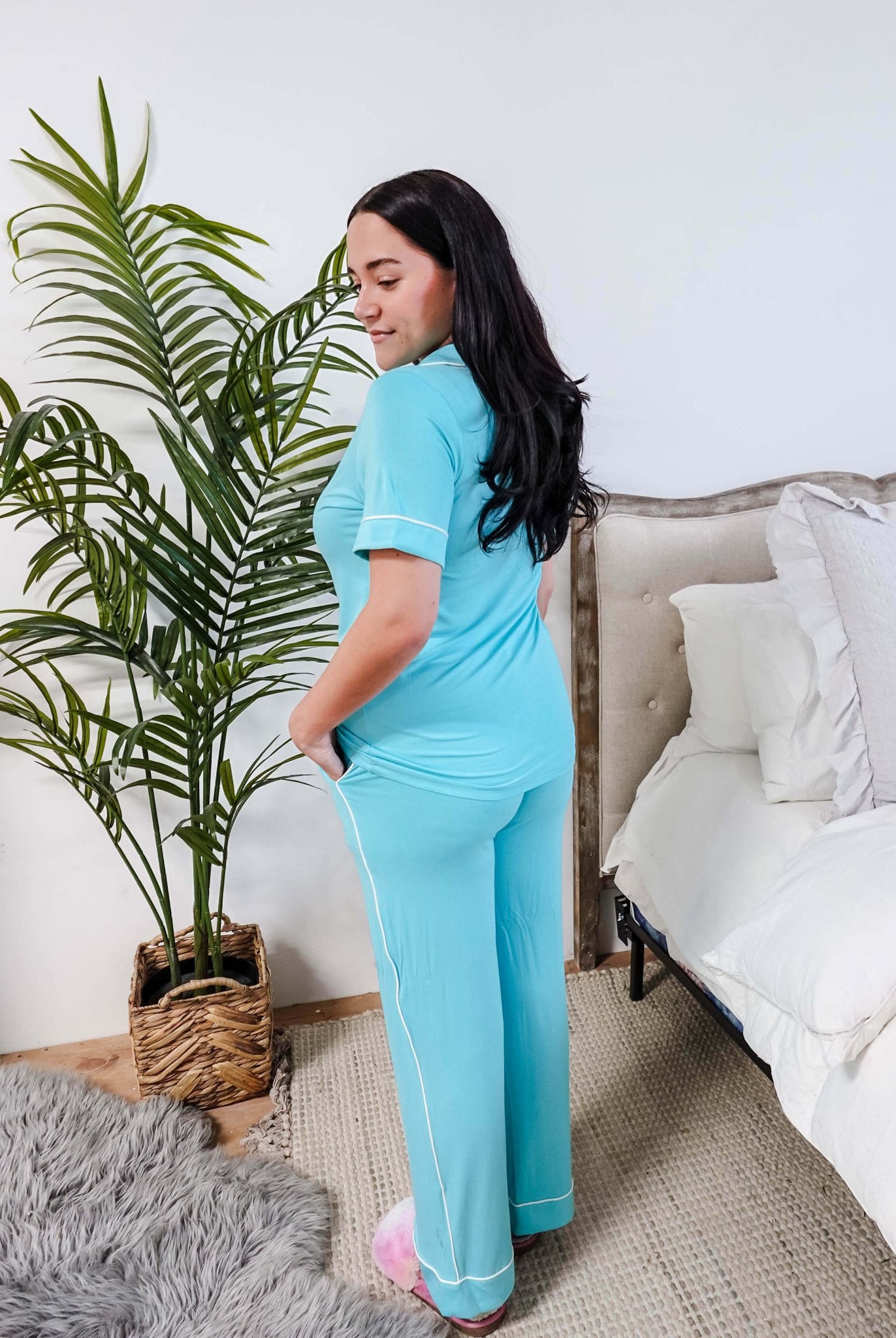 Sky Blue Short Sleeve Button Up Straight Pant Bamboo PJ Set georgia rylan