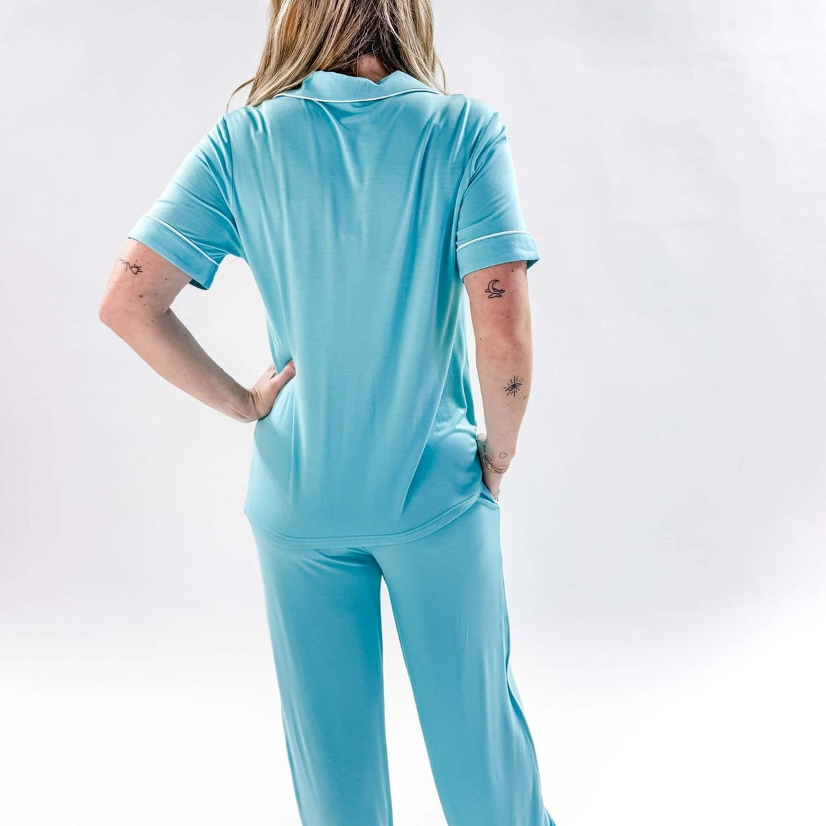 Sky Blue Short Sleeve Button Up/Straight Pant PJ Set Bamboo | Georgia Rylan for women with piping details