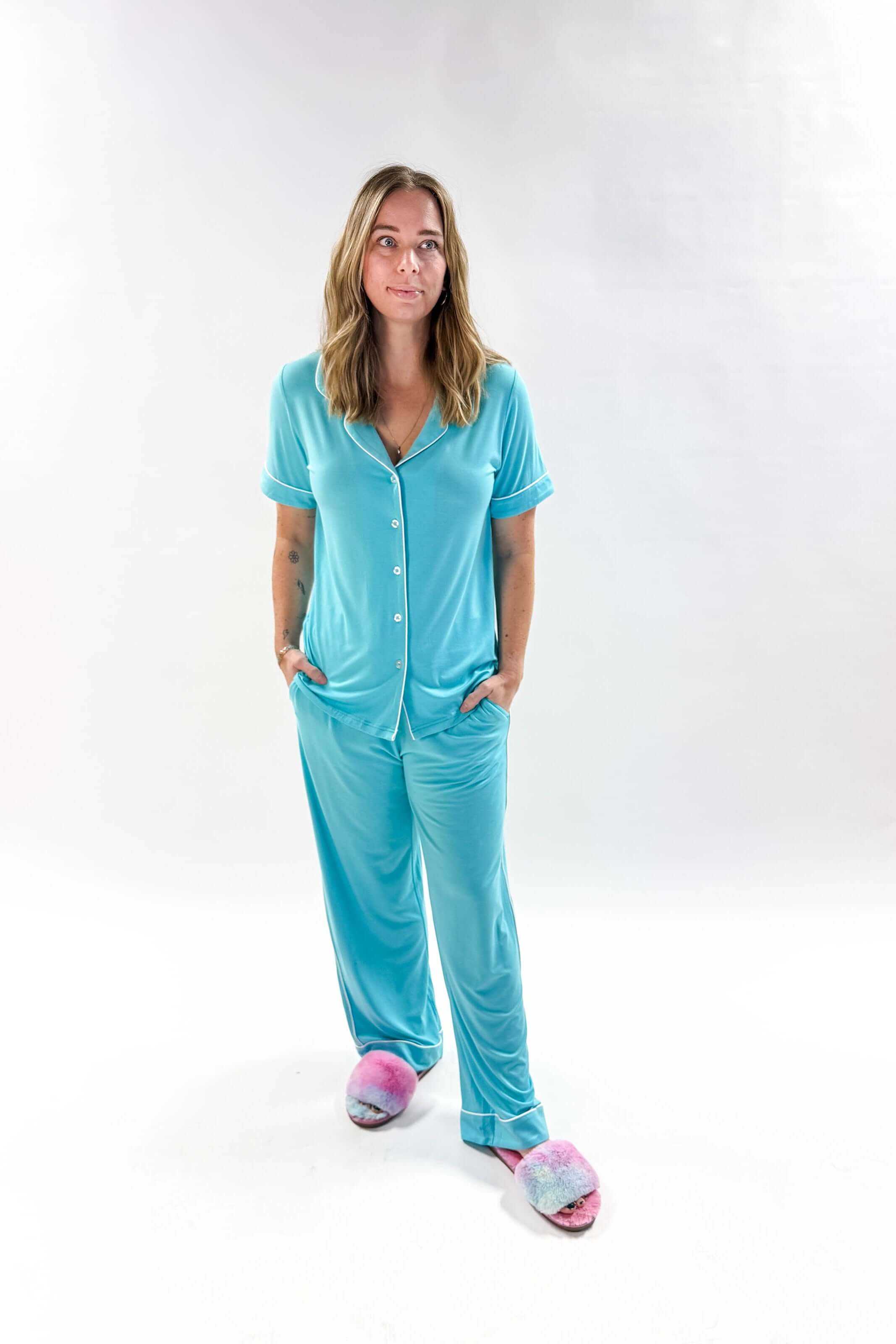 Sky Blue Short Sleeve Button Up/Straight Pant PJ Set Bamboo | Georgia Rylan for women with piping details
