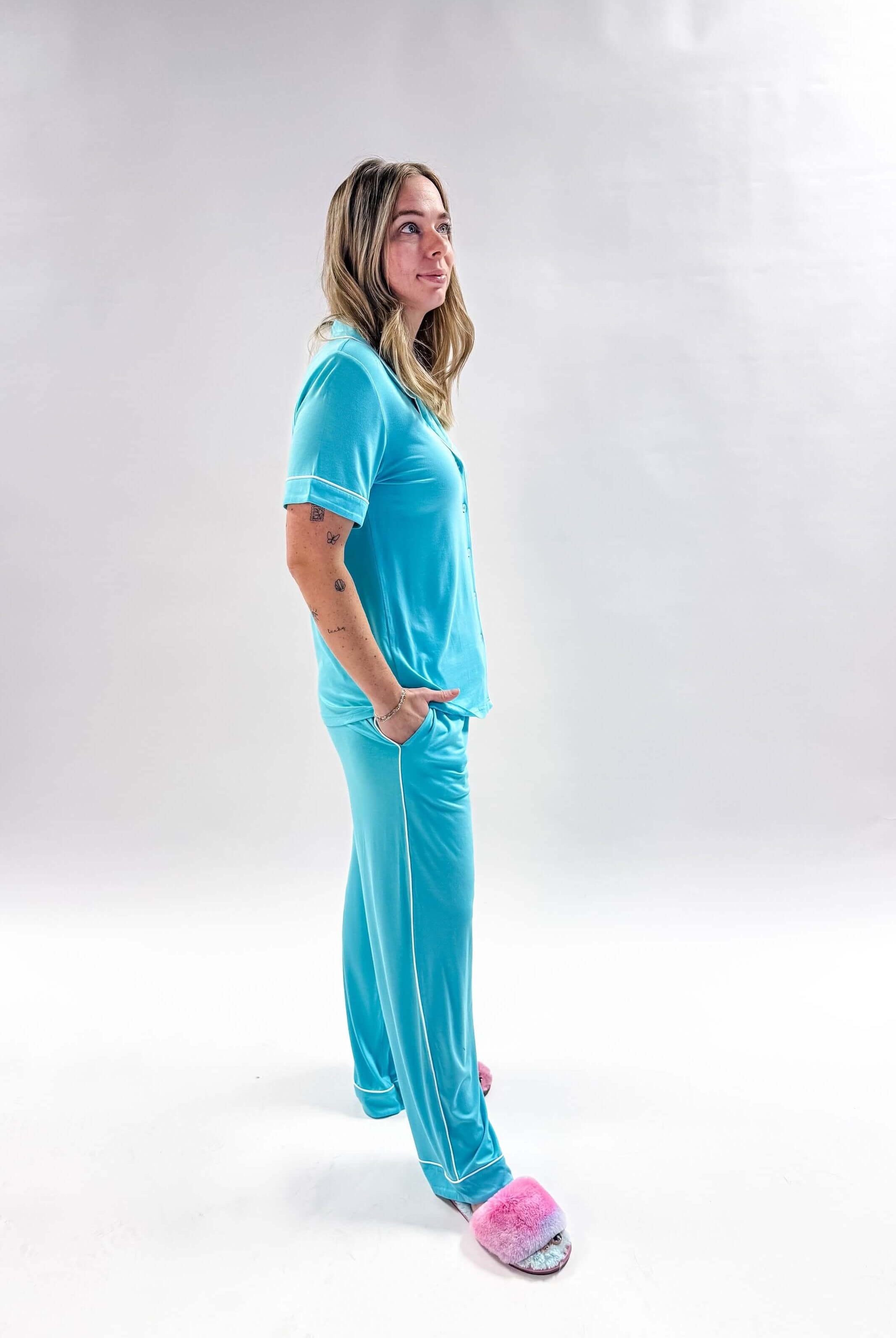 Sky Blue Short Sleeve Button Up/Straight Pant PJ Set Bamboo | Georgia Rylan for women with piping details
