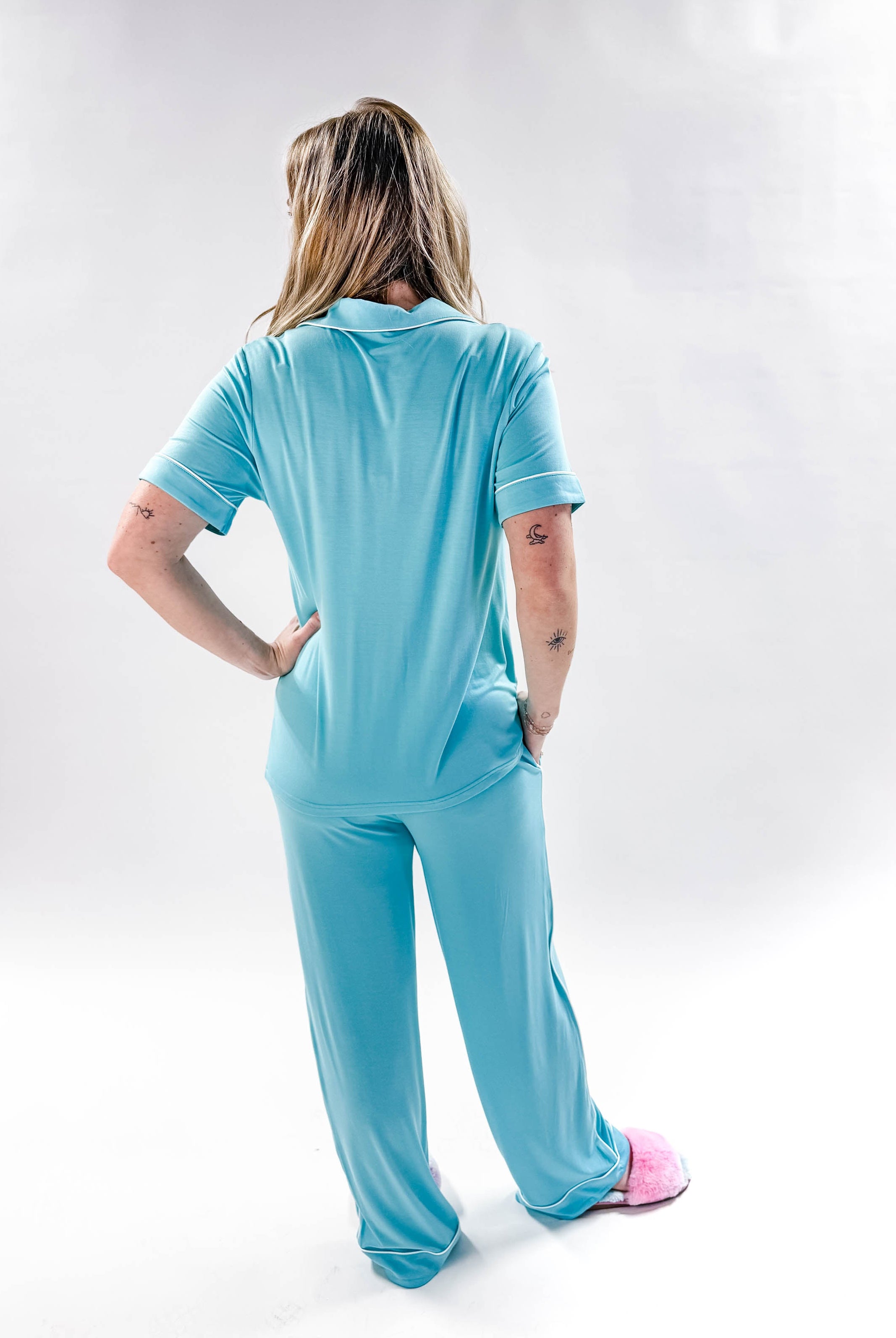 Sky Blue Short Sleeve Button Up/Straight Pant PJ Set Bamboo | Georgia Rylan for women with piping details