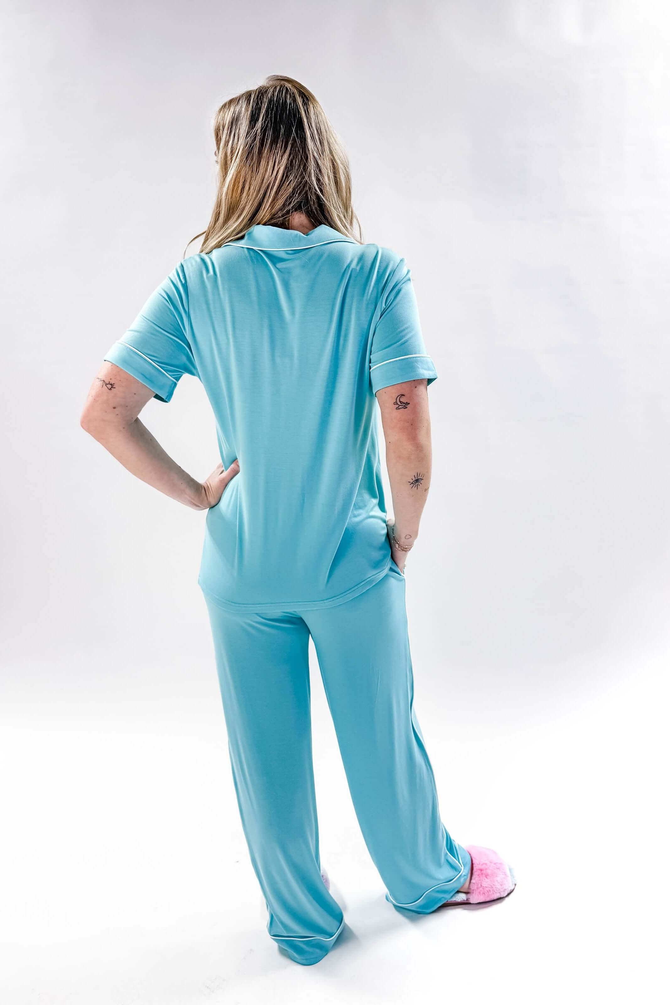 Sky Blue Short Sleeve Button Up/Straight Pant PJ Set Bamboo | Georgia Rylan for women with piping details