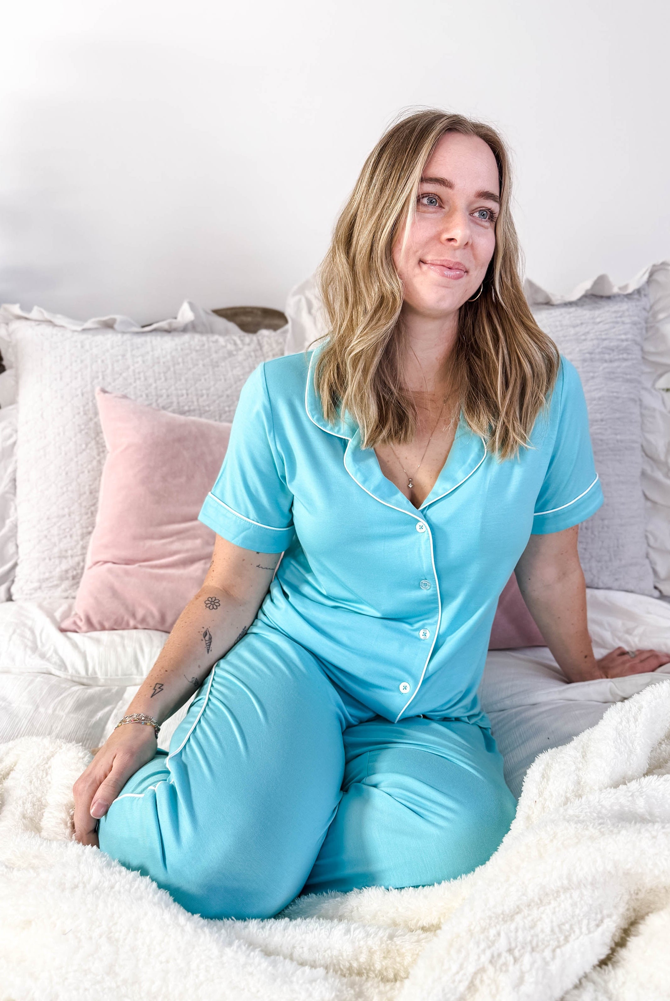 Sky Blue Short Sleeve Button Up/Straight Pant PJ Set Bamboo | Georgia Rylan for women with piping details