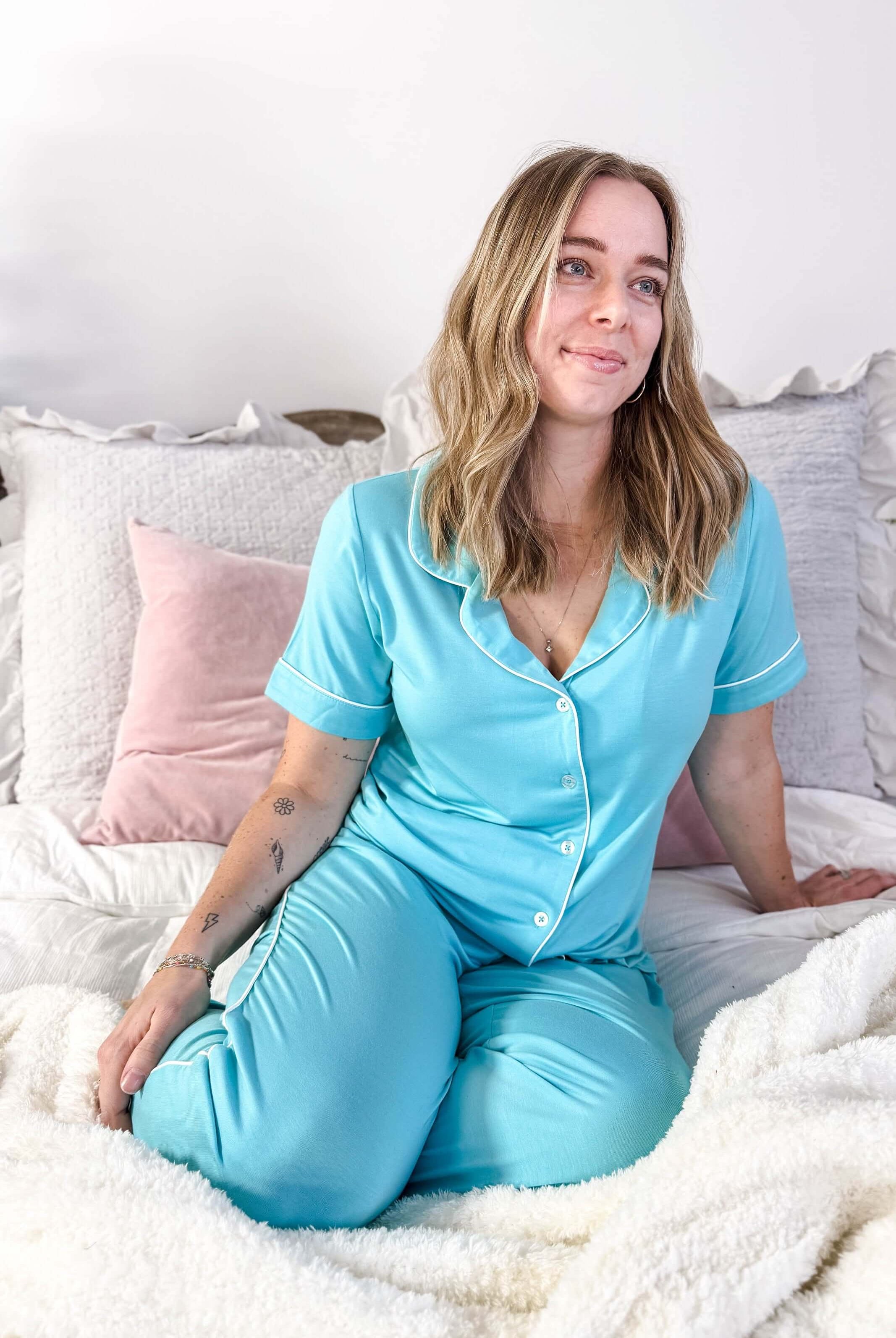 Sky Blue Short Sleeve Button Up/Straight Pant PJ Set Bamboo | Georgia Rylan for women with piping details