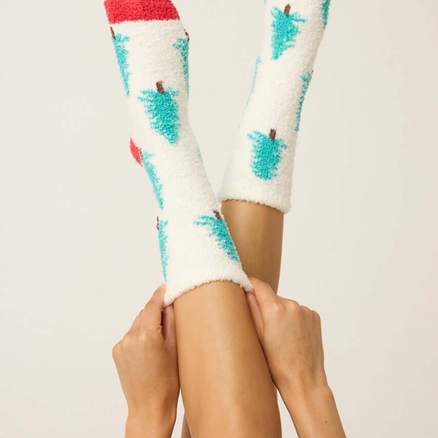 Sleigh All Day Socks featuring tree print and cozy grippers, perfect for winter comfort by PJ Salvage.