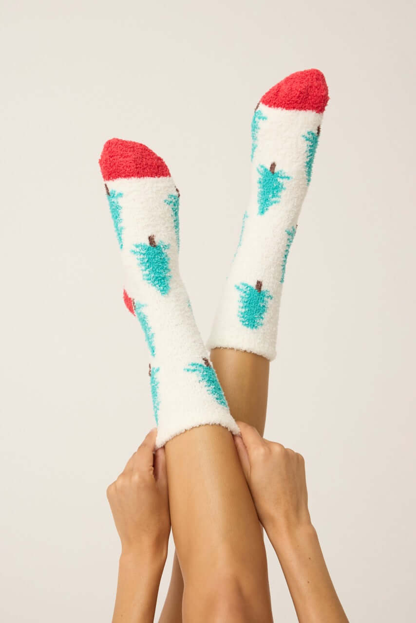 Sleigh All Day Socks featuring tree print and cozy grippers, perfect for winter comfort by PJ Salvage.