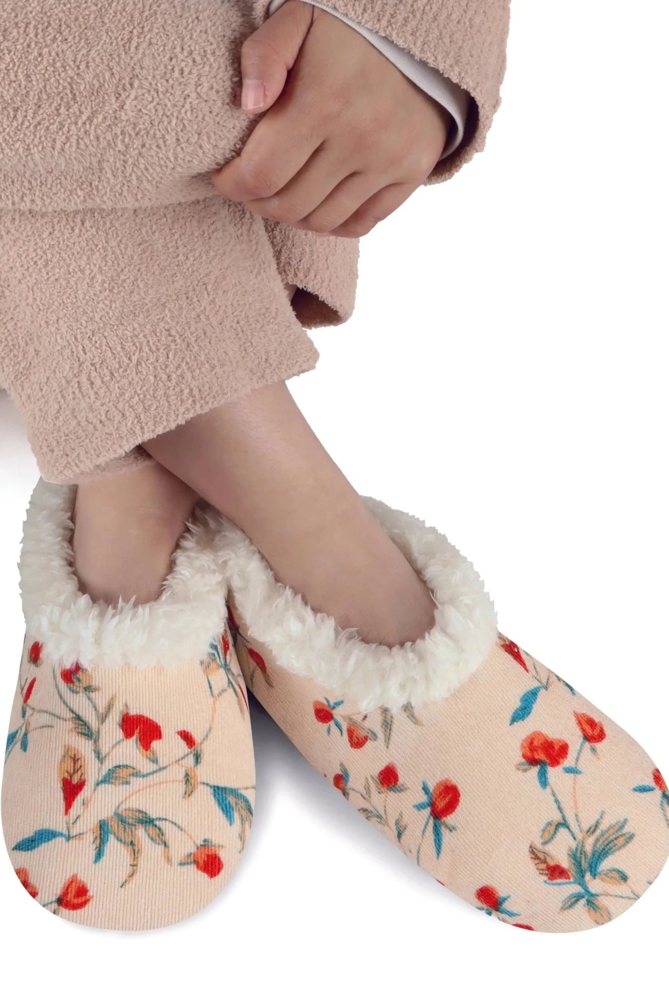Snoozies Plush COZY Slipper Socks floral corduroy cream