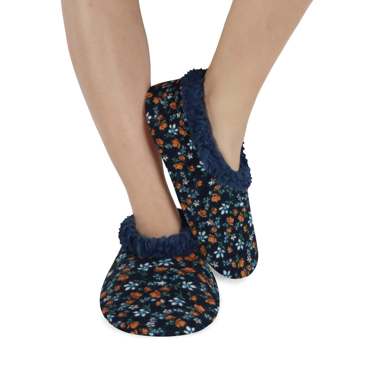 Snoozies Plush COZY Slipper Socks floral corduroy navy