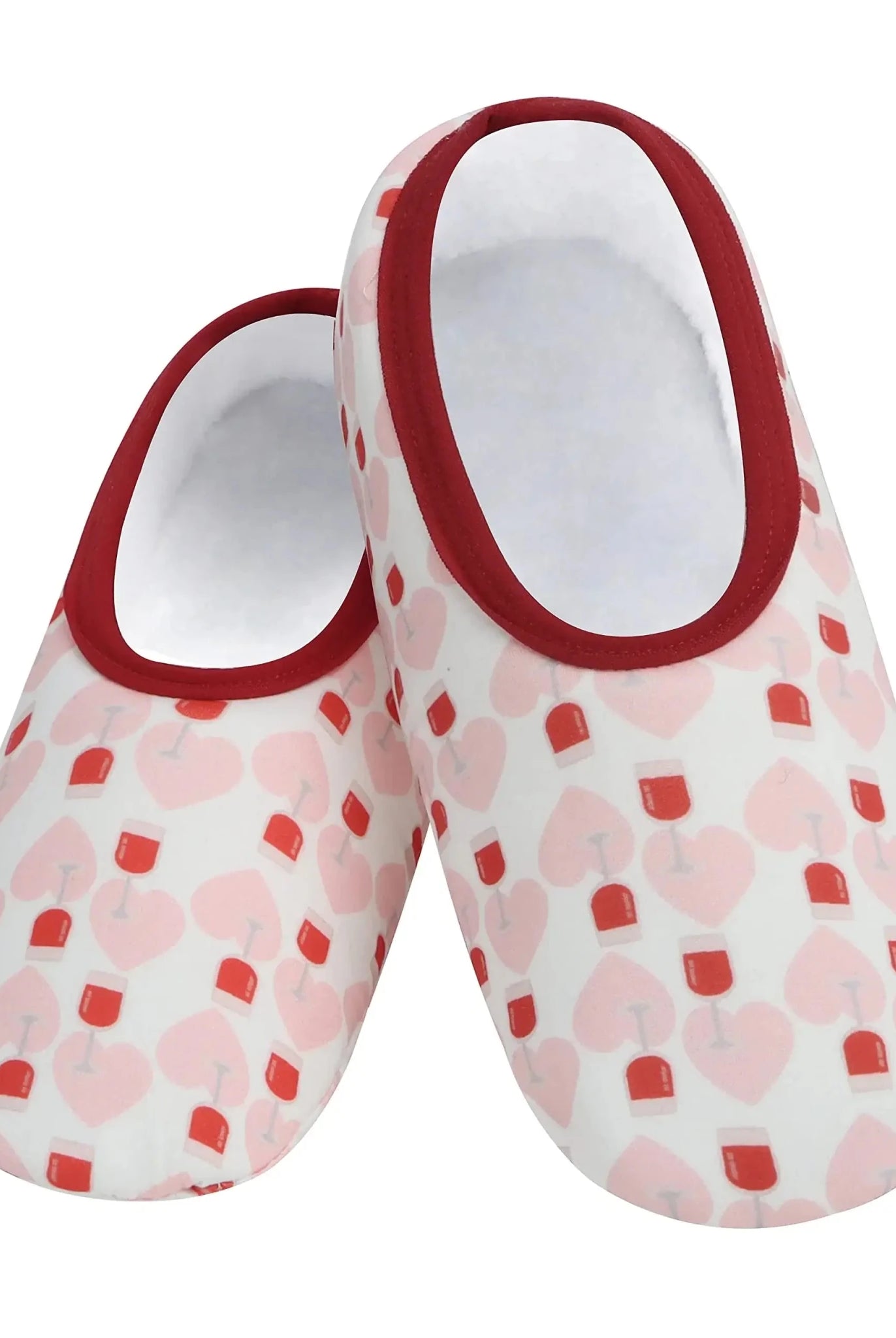 Snoozies Skinnies Lightweight Slipper Socks in Hearts and Wine Print - Non-skid Soles