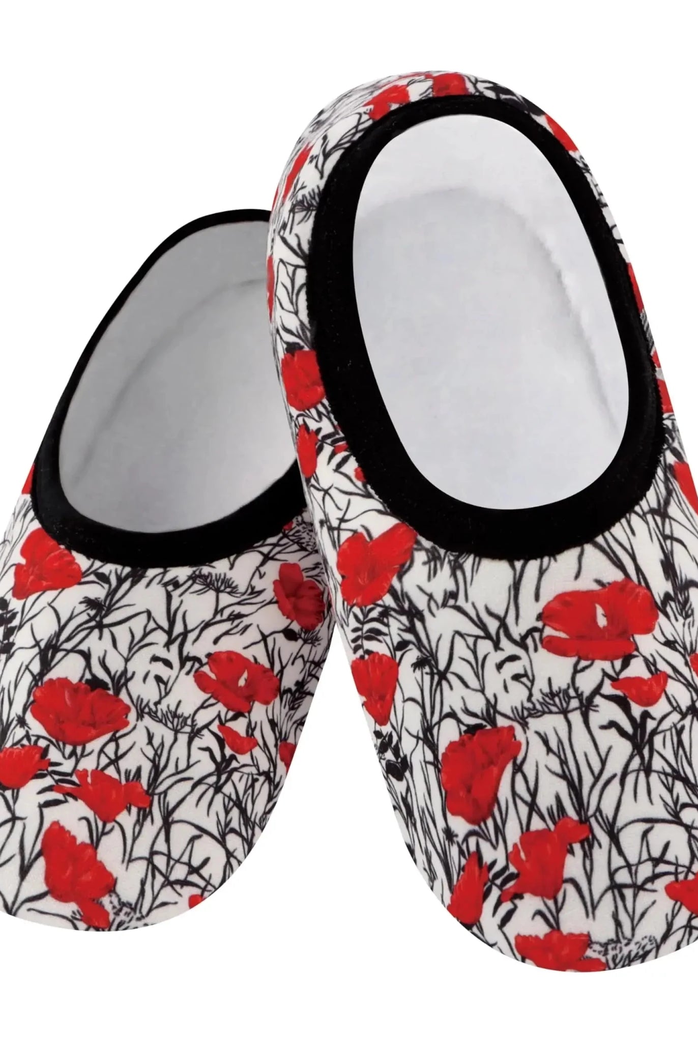 Snoozies Skinnies Lightweight Slipper Socks in Black and Red Poppies Print - Non-skid Soles