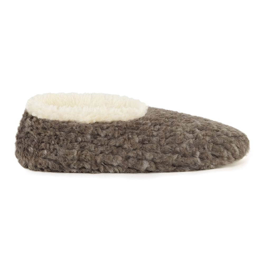 Snoozies Teddy Bear Faux Fur Slippers with Memory Foam Sole in dark grey, showing side view
